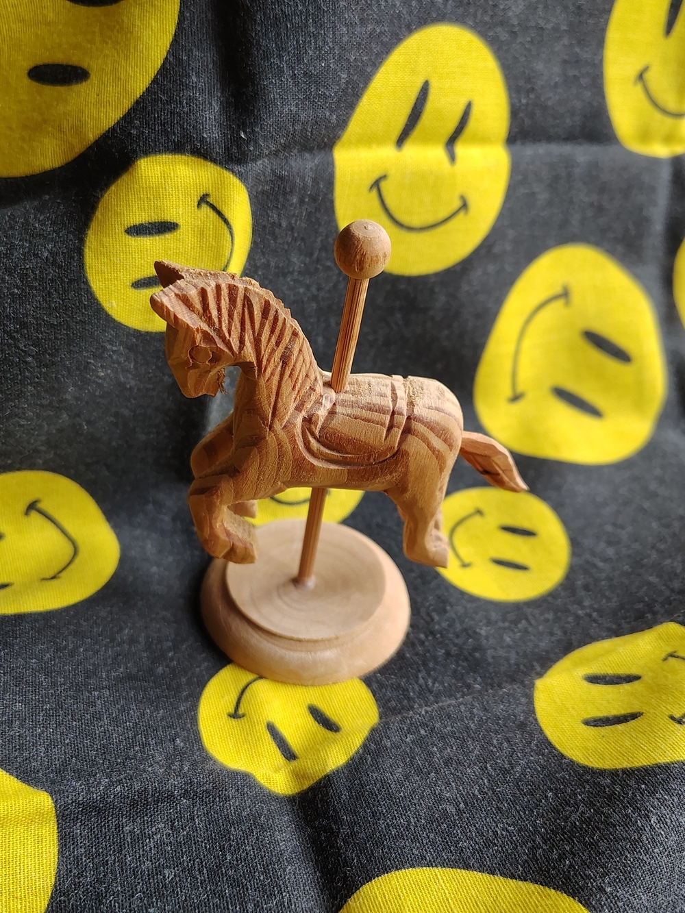 Hand-Carved Wooden Carousel Horse Figurine - Natural Wood Brown